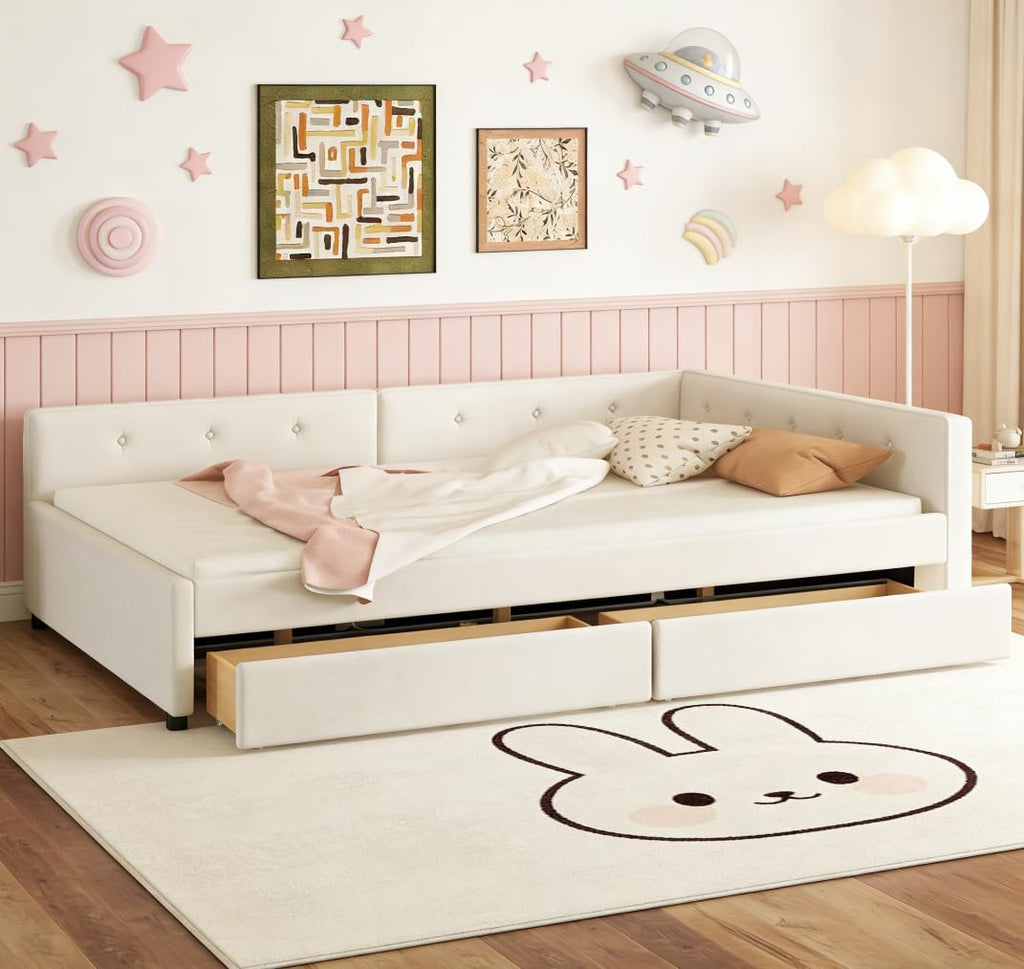 Queen Corner bedframe with Twin Twin Trundle and USB,Upholstered daybed, L-Shape daybed Living Room, Beige + Linen