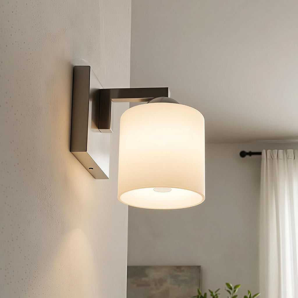 1-Light Brushed Nickel Bathroom Vanity Light with White Glass Shade | Over Mirror,Wall Sconce,ETL listed,Bathroom