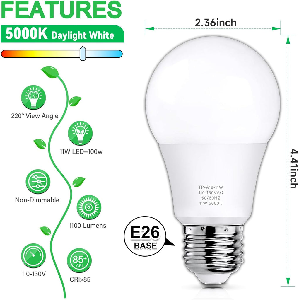 12-Pack A19 LED Light Bulbs, 100 Watt Equivalent LED Bulb, 5000K Daylight White, 1100 Lumens, E26 Medium Base, CRI