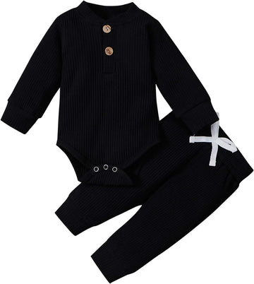 Winter Newborn Baby Boy Girl Clothes Set Ribbed Outfits Unisex Infant Solid Long Sleeve Tops Pants 2PCS
