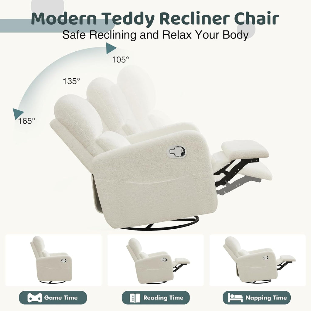 Swivel Rocker Recliner, Oversized Boucle Glider Recliner Nursery, Teddy Manual Swivel Rocking Reclining Chairs with