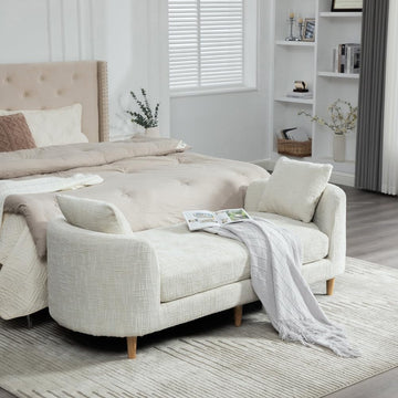 77.2" Chenille End of Bed Bench Chaise Lounge, Upholstered Bedroom Bench with Arms & Bolster Pillows, Rubberwood Legs