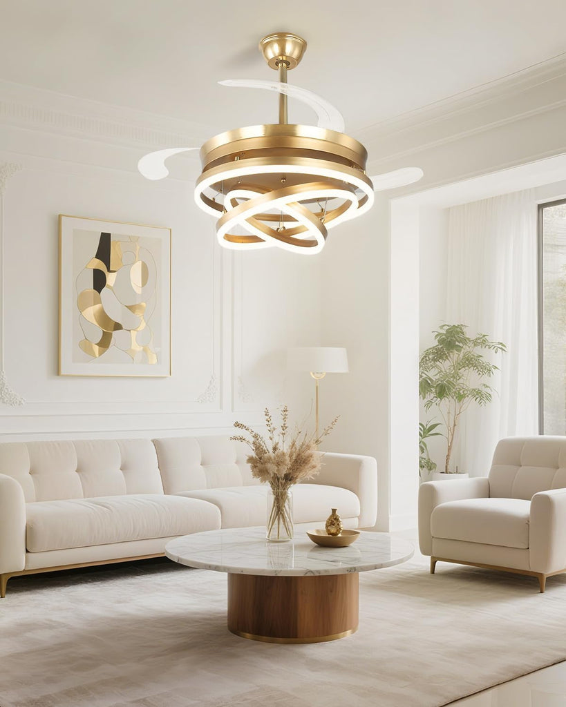 42 Inch Retractable Ceiling Fan with Lights, Gold Fandelier Chandelier Fan with Remote, 6-Speed Silent DC Motor