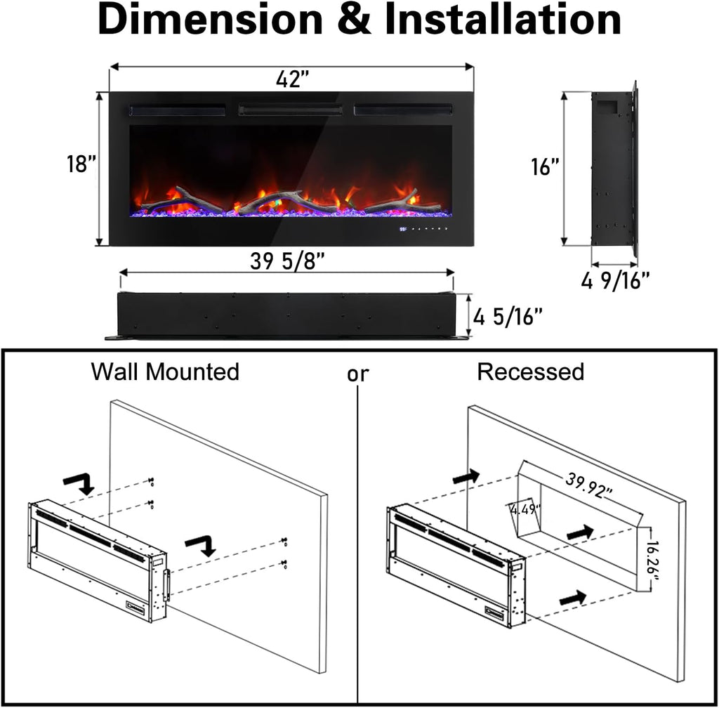 36 Inch Electric Fireplace, Recessed Fireplace Insert and Wall Mount Fireplace Heater with Remote & Touch