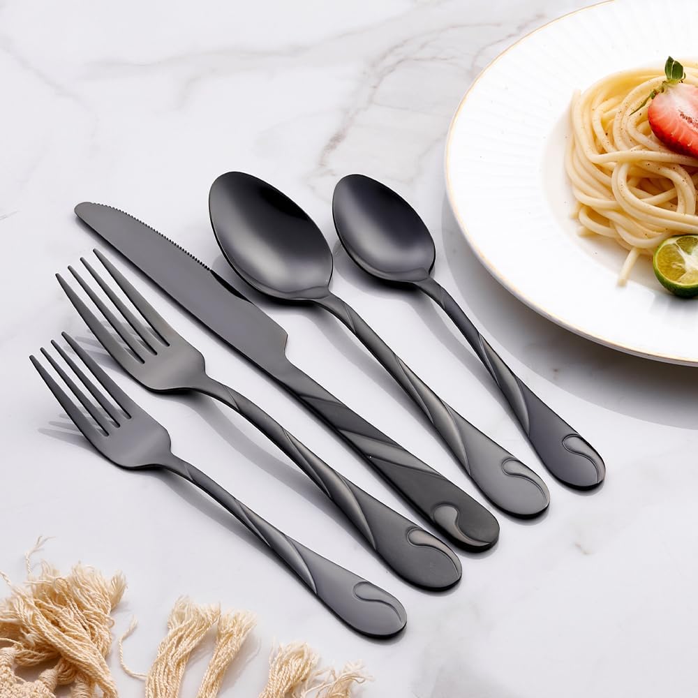 Black Silverware Set for 12, 60-Piece Stainless Steel Flatware Set, Shiny Black Metal Cutlery Set, Include Fork