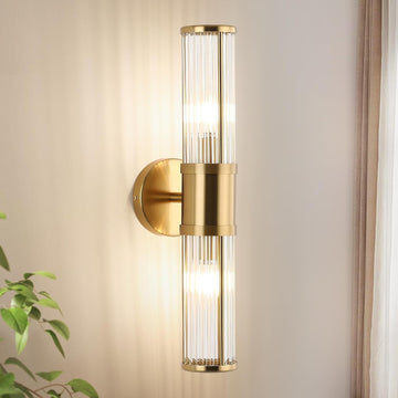 Brushed Brass Vanity Light Fixture, Dual Glass Rod Wall Sconce — Single Sconce, 2-Light E12 Candelabra Base