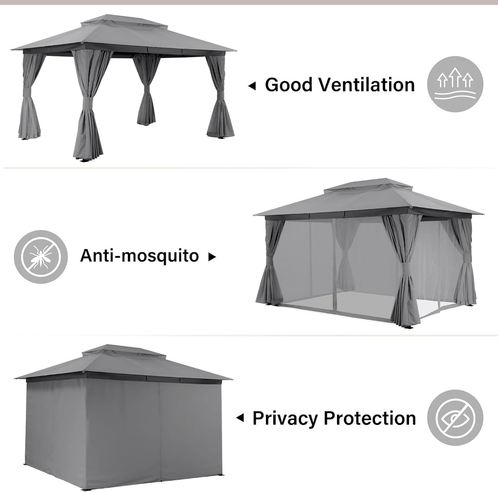 10'x13' Outdoor Gazebo, Metal Frame Heavy Duty Patio Canopy Tent Shelter with Double Roofs - Gray