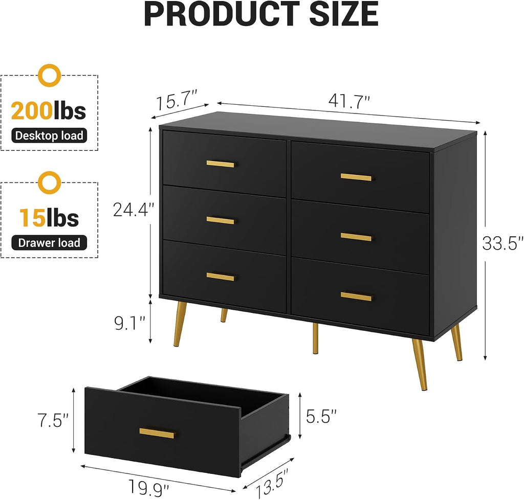 6 Drawer Dresser, Chest of Drawers with Gold Handles, Black | Wooden Modern Deep Drawers