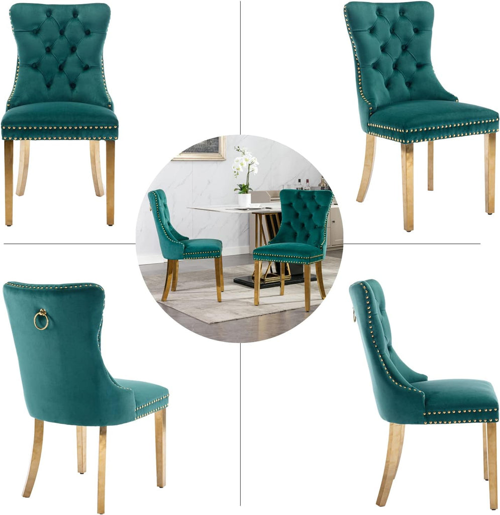 Velvet Dining Chairs Set of 6, Upholstered Dining Room Chairs with Back Ring Pull Trim and Golden Stainless Steel