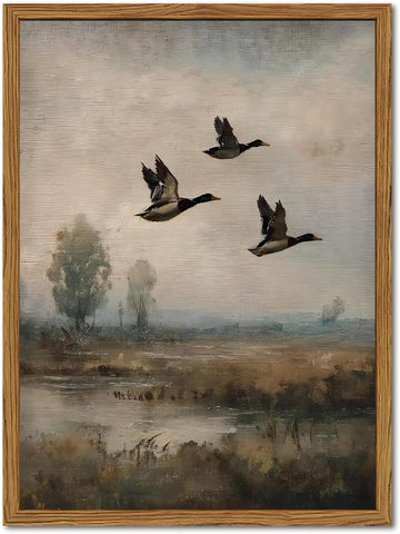 Framed Vintage Mallard Duck Wall Art, Cottagecore Flying Bird Nature Landscape Pictures Wall Decor, Rustic Farmhouse