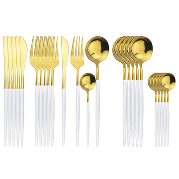 Mirror Silverware Set, 24-Piece 18/0 Stainless Steel Flatware Set For 6, Gold and White Color Forks Spoons Knives