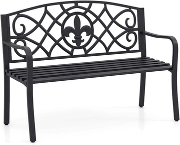 50.5" Outdoor Bench with Metal Frame, Floral Design Cast Iron Backrest, Slatted Seat, Adjustable Foot Pads, Load