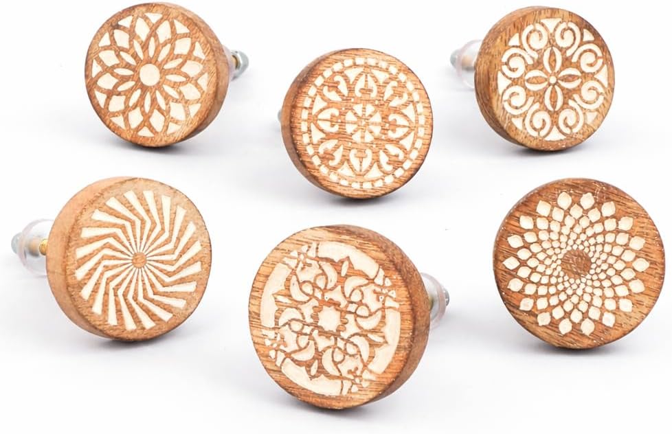 6 Pieces Boho Wooden Drawer Knobs - Brown Floral Knobs - Round Cabinet Knobs