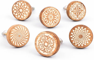 6 Pieces Boho Wooden Drawer Knobs - Brown Floral Knobs - Round Cabinet Knobs