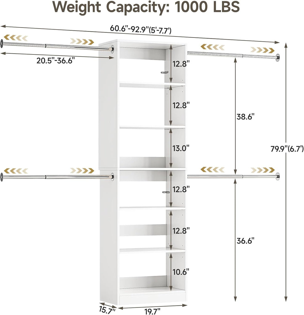 W1 Closet System, 3.5FT-7.7FT Closet Organizer System with 4 Chrome-Plated Telescopic Rods & 6 Adjustable Shelves