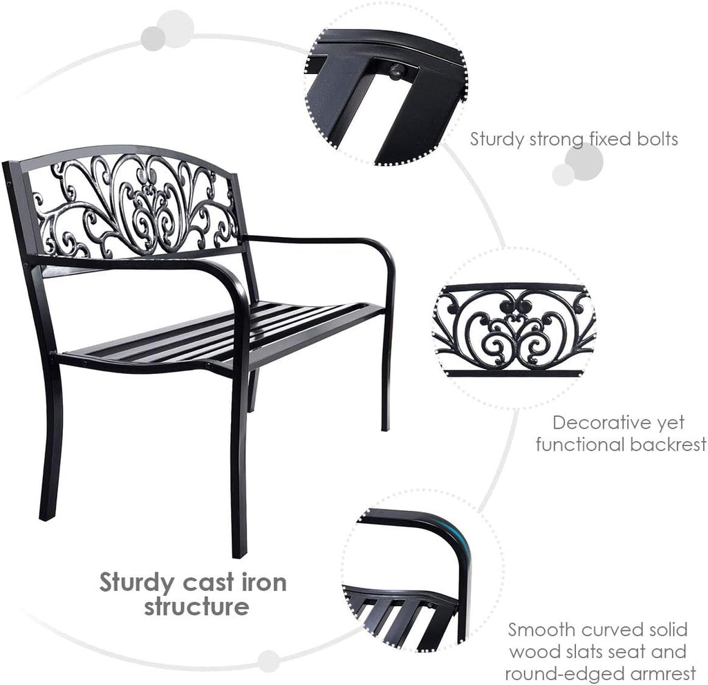 50" Patio Garden Bench, Loveseats Park Yard Furniture, Black Steel Cast Iron Frame Chair, Metal Bench Outdoor with