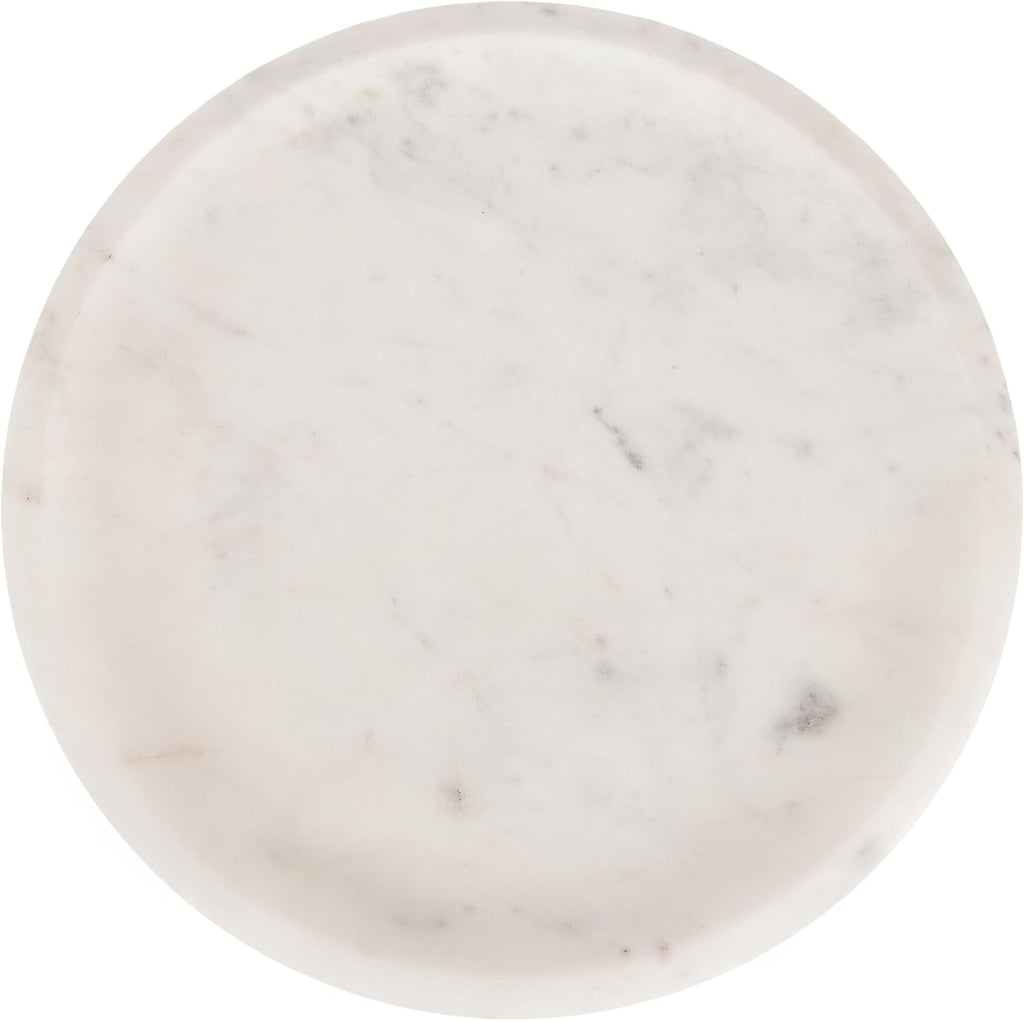 Sevienne Modern Glam Round Marble Tray, 10 Inch Diameter, White and Gold, Contemporary Scooped Pedestal Tray for Use