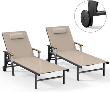 Outdoor Lounge Chair with Pillow Set of 2, 5-Position Aluminum Chaise Lounge with Wheels & Armrests, 400 lbs Heavy