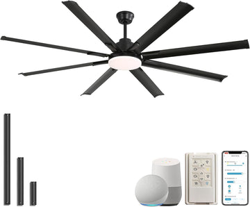 84 Inch Smart Ceiling Fan with Light, 8 Aluminum Blades Outdoor Black Ceiling Fan, Work with App/Alexa/Google