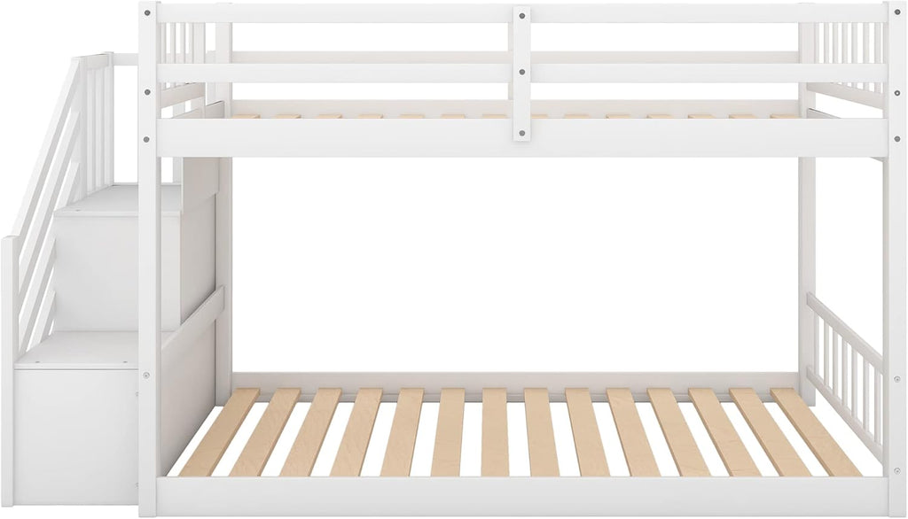 Low Bunk Beds Twin Over Twin with Stairs Solid Wood Bunk Bed Frame for Kids Boys Girls Teens, White