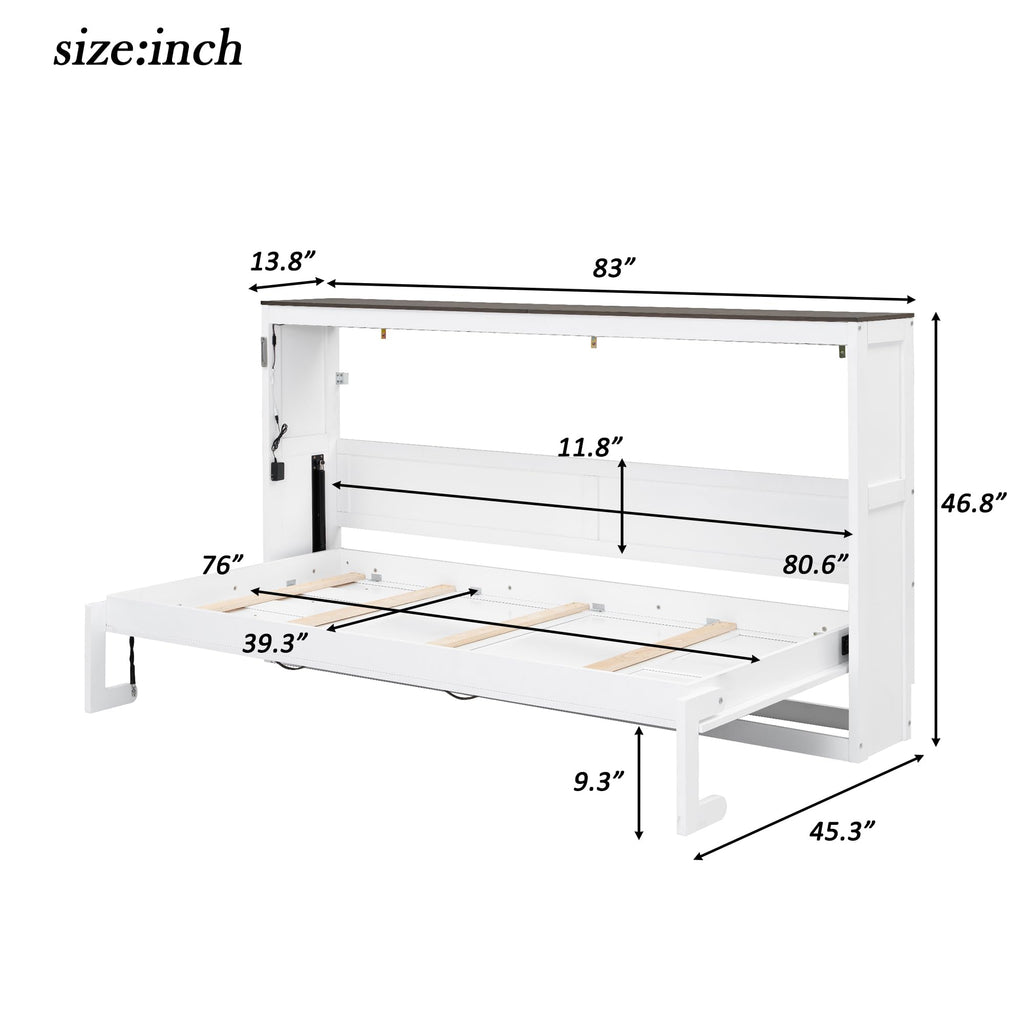 Twin Horizontal Murphy Bed Cabinet with LED, White