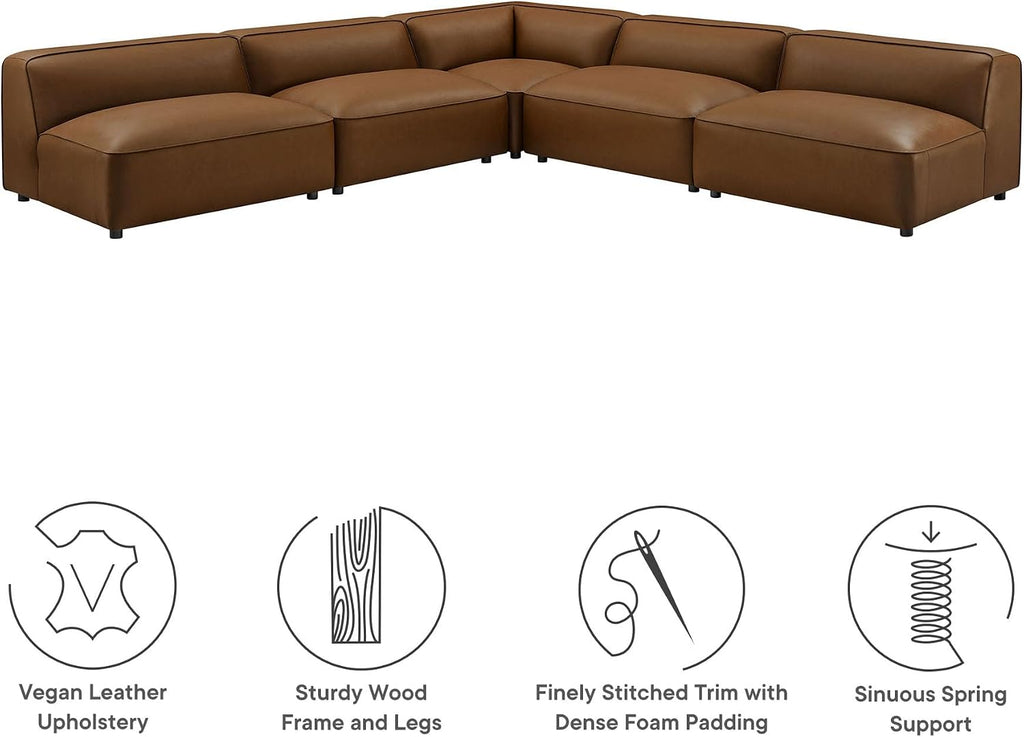 Auren Vegan Leather 5 Piece Armless Modular Sofa in Coffee - Faux Leather L Shaped Sectional - Comfy Modern PU