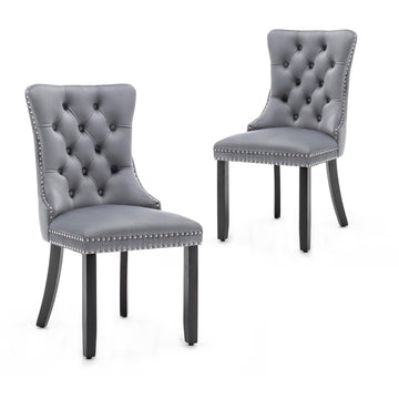 Velvet Dining Chairs Set of 2, Upholstered Dining Chairs with Ring Pull Trim and Button Back, Modern Seating (Grey)