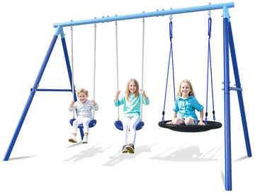 3-in-1 Swing Set for Backyard for Kids 3-8, 550lbs, Heavy Duty Metal A-Frame for Outdoor Playset, Two Blow-Molded