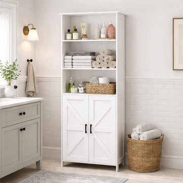 67" Tall Bathroom Storage Cabinet, Bathroom Floor Cabinet | Freestanding Farmhouse Cabinet with Doors and Adjustable
