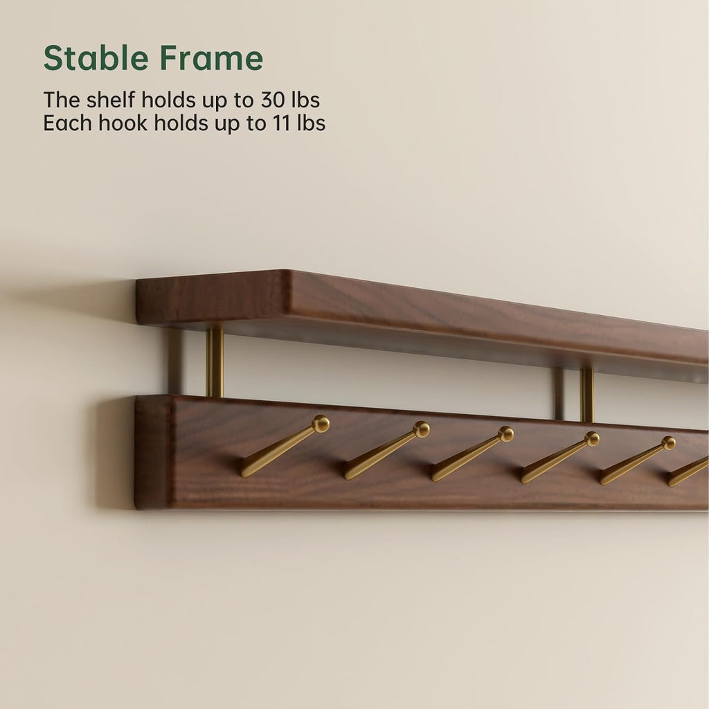 Walnut Wall Hooks with Shelf, Coat Rack Wall Mount, Entryway Hanging Shelf with 9 Brass Hooks for Hats, Clothes