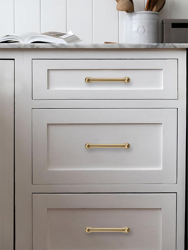 10 Pack 5 Inch Hole Center Brushed Brass Cabinet pulls 100% Solid Heavy Duty Satin Brass Dresser Pulls Cabinet Drawer