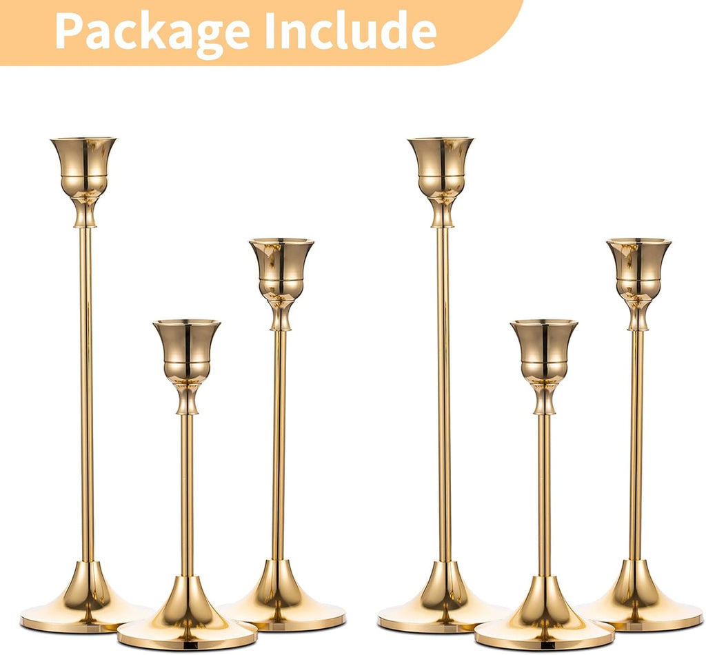 2 Sets(6 Pcs) Brass Gold Metal Taper Candle Holders Candlestick Holders, Vintage Modern Decorative Centerpiece