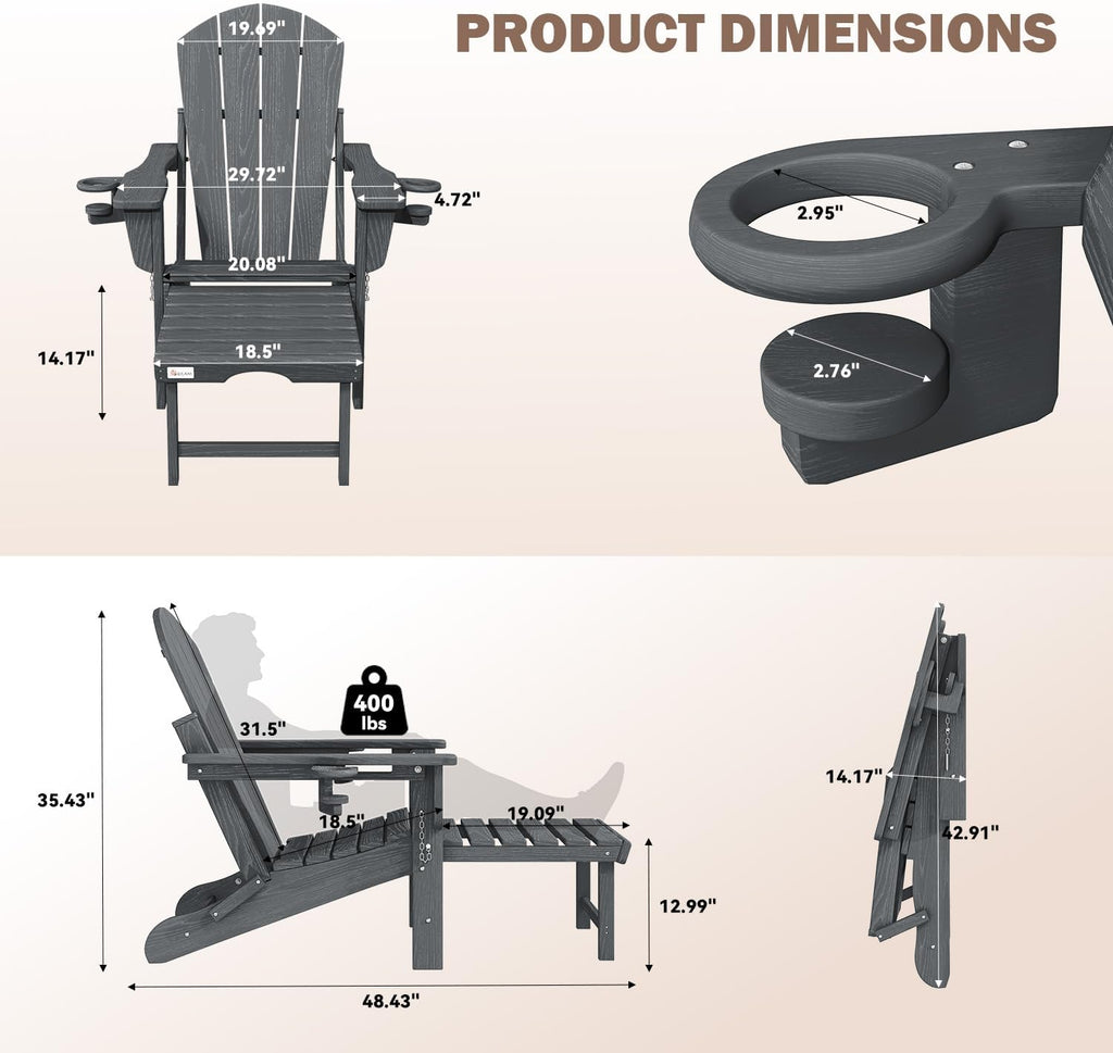HDPE Folding Adirondack Chair, 20" W | 400 lbs | 2 Cup Holders, Grey | Weather Resistant, Retractable Ottoman, Wooden