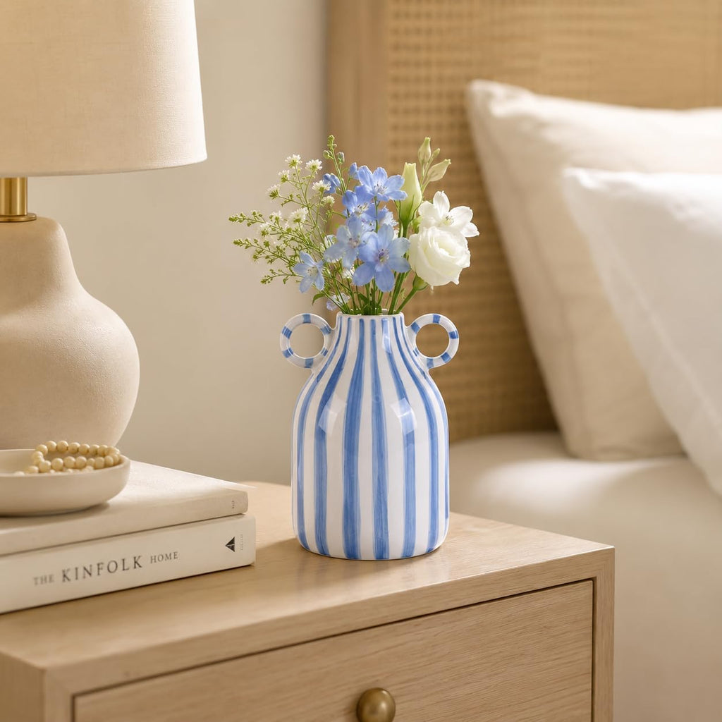 Blue and White Ceramic Vase with Handle, Nordic Boho Small Vases Side Table Flower Centerpiece, Wide Mouth Single