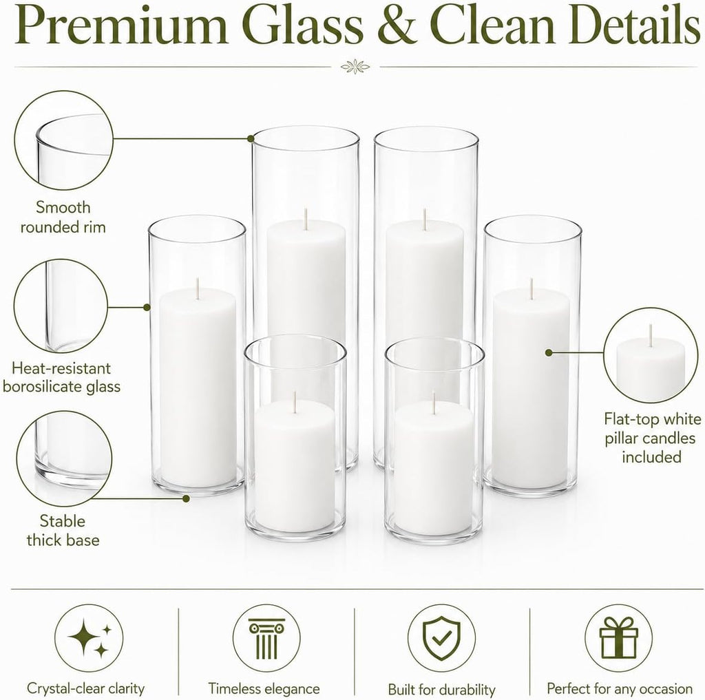 Set of 6 White Pillar Candles with Clear Glass Hurricane Holders- Elegant Cylinder Candle Vases for Weddings
