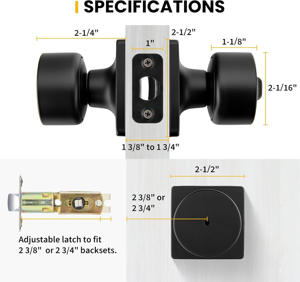 Matte Black Door Knobs Interior, Privacy Bedroom Door Knob with Lock, Black Interior Door Knobs Bathroom 6 Pack