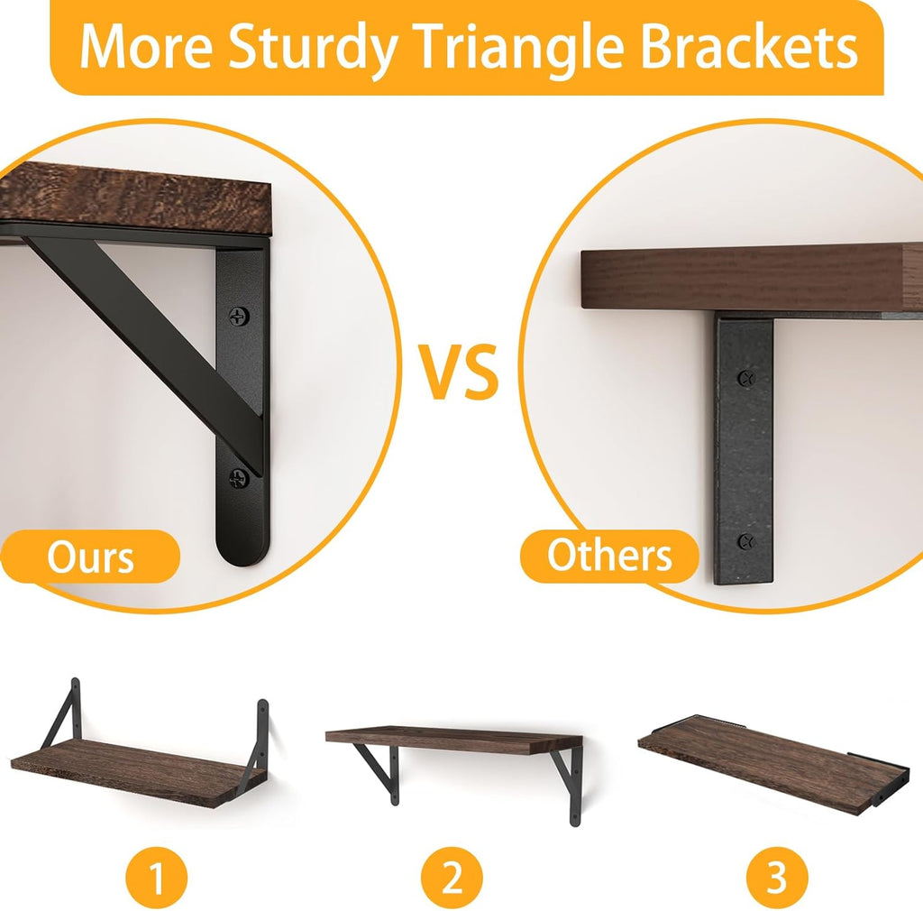 16.5in Floating Shelves for Wall Home Decor, Wood, Brown, Set of 6 | Rustic wood shelves with metal brackets.
