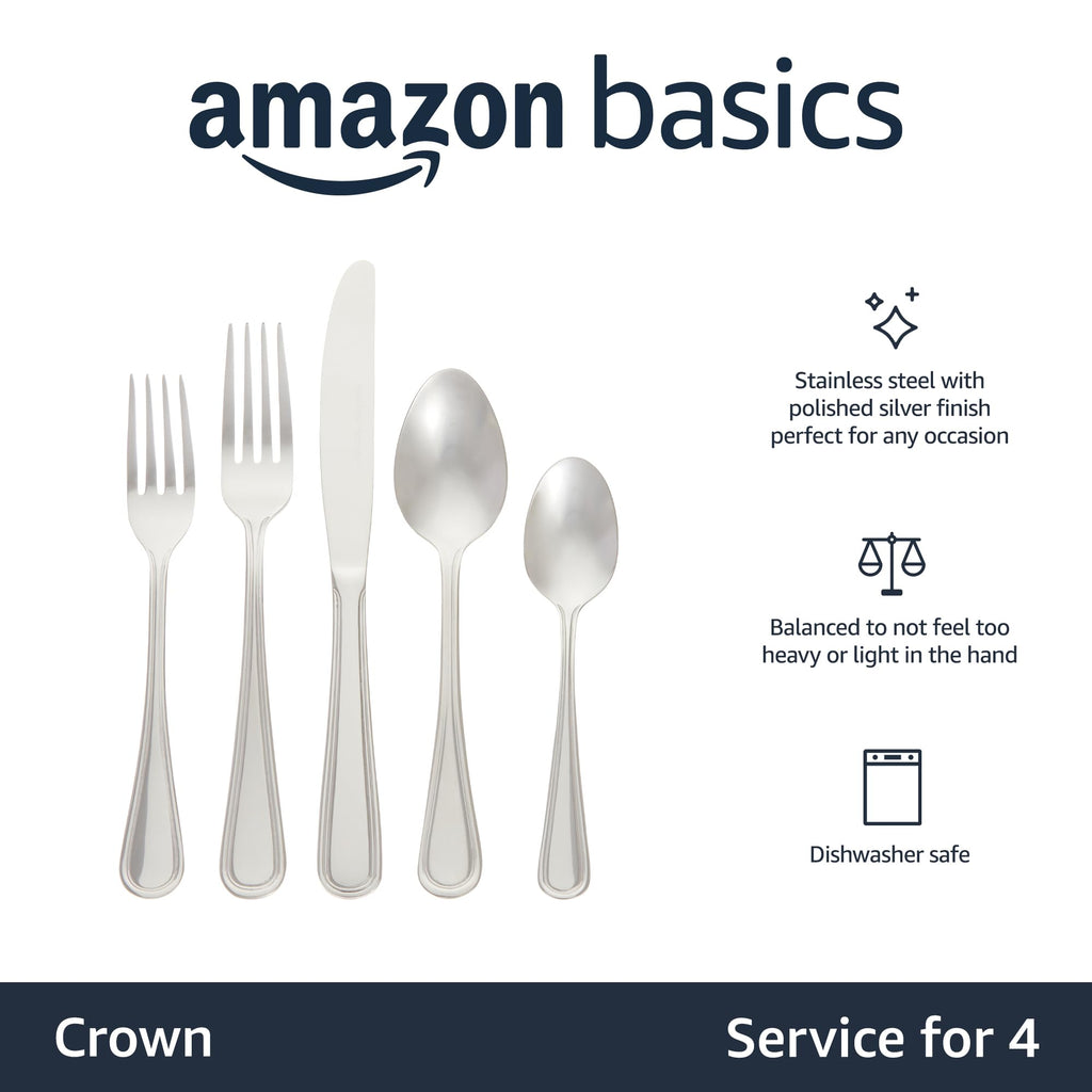 Silverware Set, Stainless Steel Flatware, Dishwasher Safe, Service for 4, 20-Piece Forks and Spoons, Crown Edge