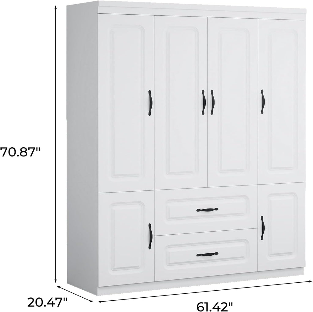 Large Capacity Wardrobe Closet with 2 Drawers White | Spacious Storage Cabinet Organizer , White Armoire Fits Most