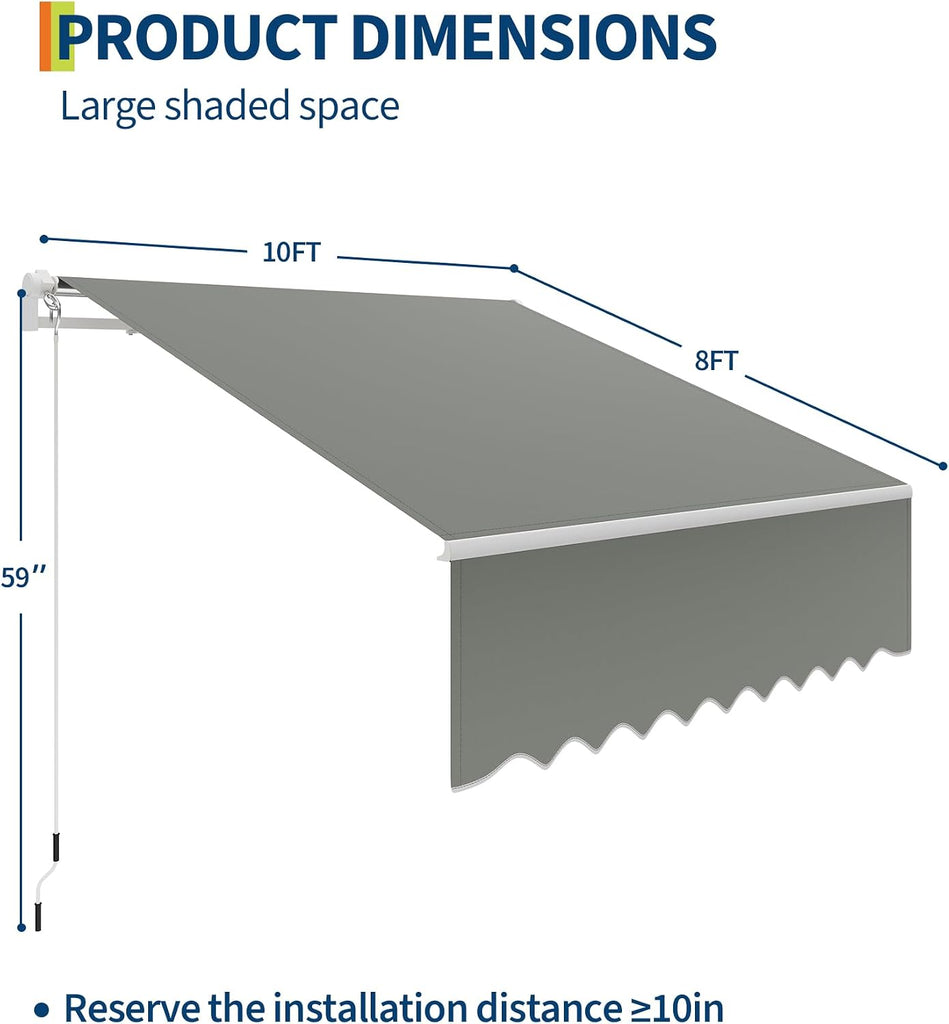 Manual Retractable Awning 10x8 ft Gray, 80 Sq.ft, Manual Crank, 5-35° Tilt, Waterproof UV50+ Deck