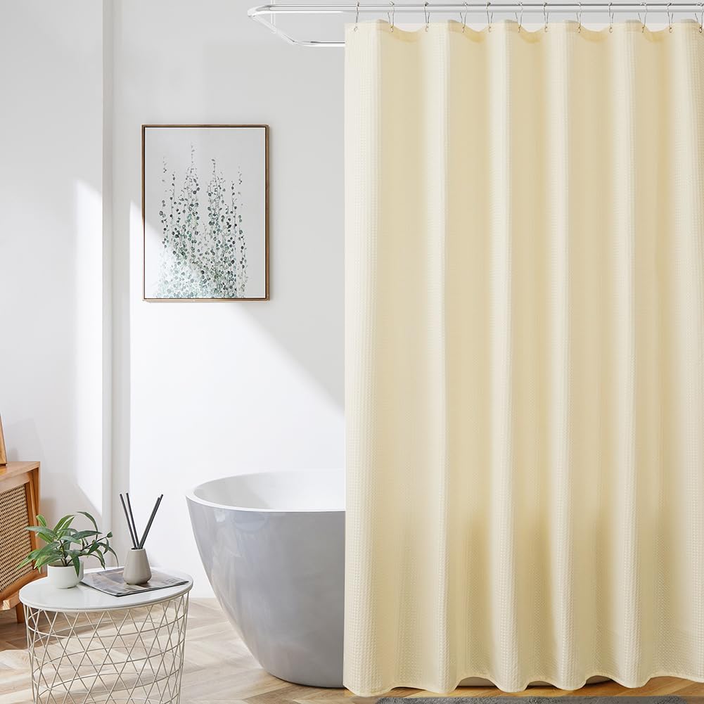 Beige Extra Long Shower Curtain 96 Inch Length, Waffle Weave Shower Curta Luxury Spa, Waterproof Fabric Bathroom
