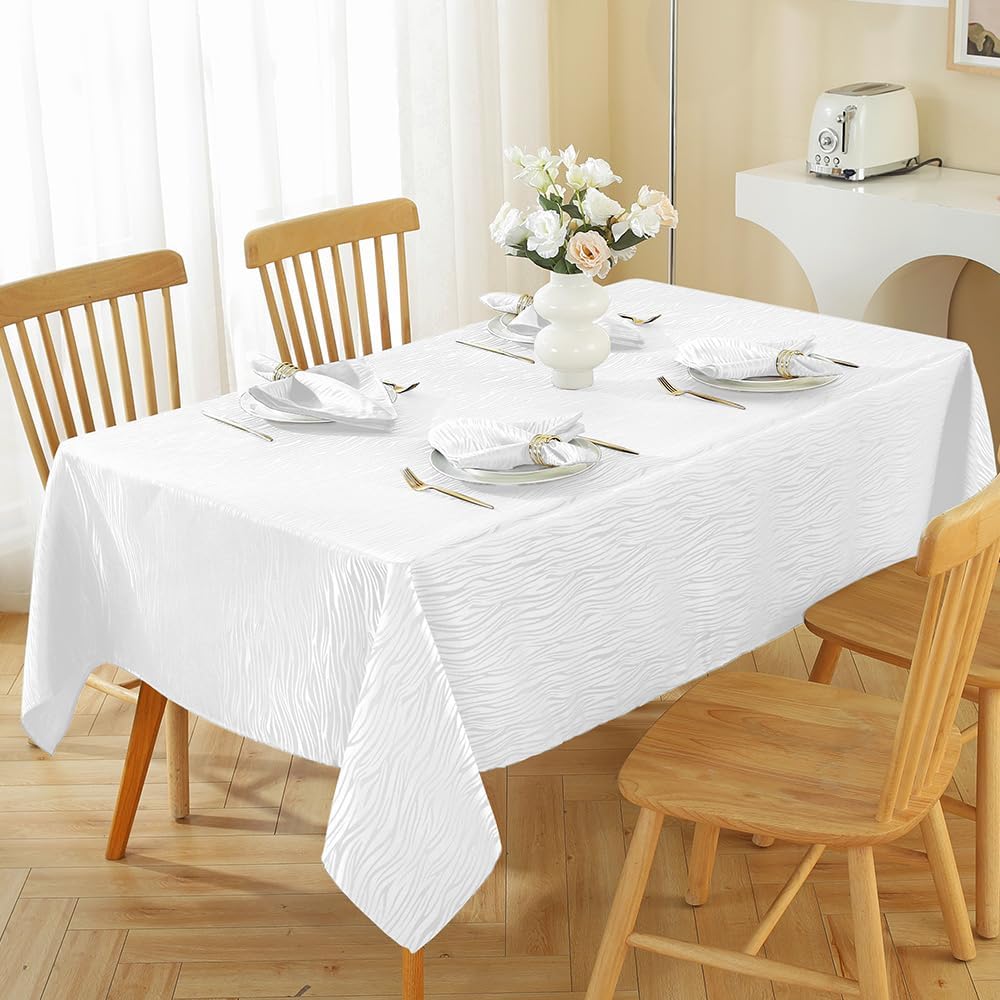 White Tablecloth 60 x 120 Inch,Textured Jacquard Spillproof Wrinkle Resistant Polyester Table Cloth,