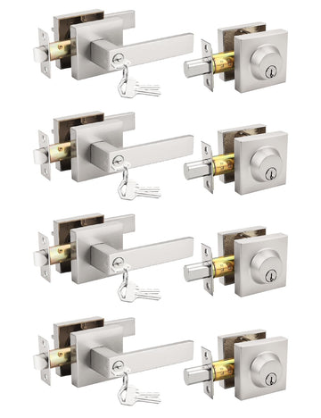 4 Pack Brushed Nickel Keyed Alike Front/Exterior Door Levers with Single Cylinder Deadbolt, Square Entry Door Knob