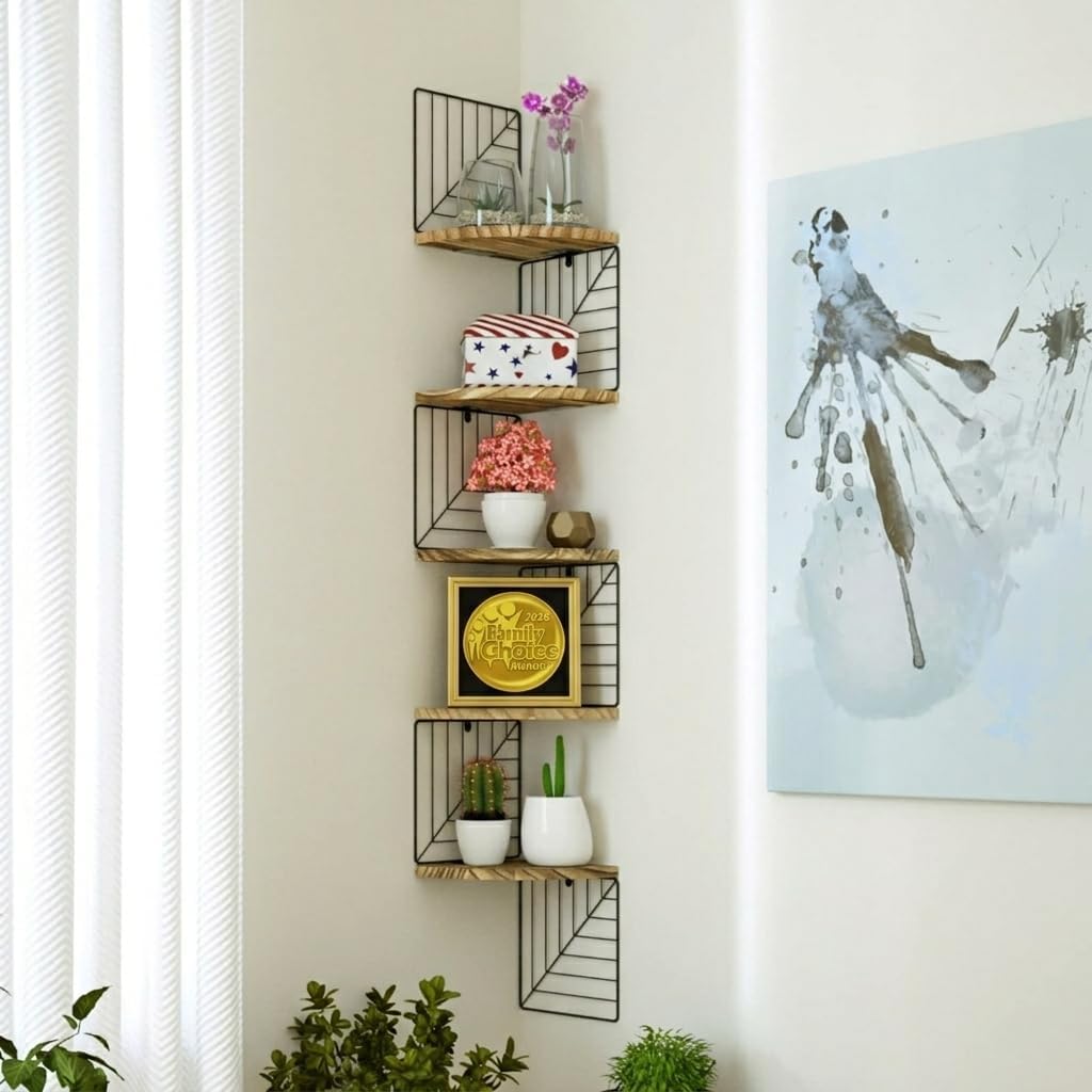 Corner Wall Shelf 5 Tier,Solid Wood,51" Tall,Carbonized Black | Easy to Install,Leaf-Shaped Floating Wall