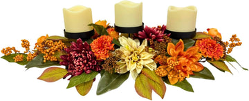 25 Inch Fall 3 Candle Holder Centerpiece with Dahlias and Mums