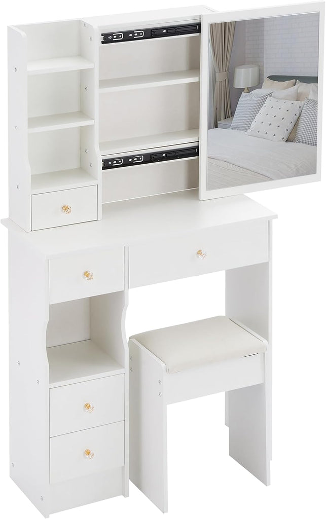 29.2" Small Space Makeup Vanity Table with Stool, Sliding Large Mirror Dressing Desk with Drawer Storage, Compact