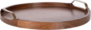 Farson Modern Decorative Wood Round Ottoman Tray with Handles, 18 Inch Diameter, Walnut Brown and Antique Brass