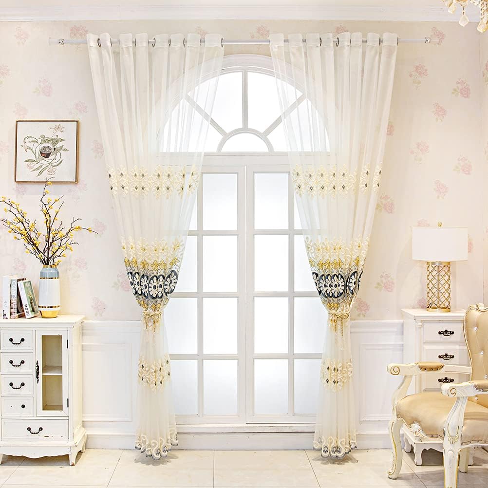 Beige Embroidered Sheer with Blue Pattern European Style Curtains for Bedroom Transparent Tulle,Grommet Top,52" W x