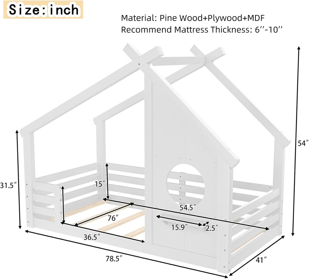Solid Wood Tw Shape Floor Bed Frame for Kids with Window, Roof, Guardrails and Small Shelf, Montessori Low Profile