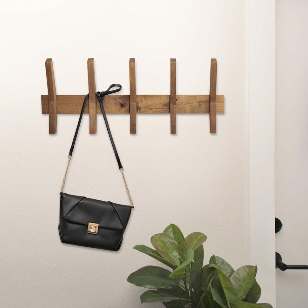 24-Inch Mid Century Coat Rack with 5 Wooden Hooks, Farmhouse Style Hookrail , and More, Solid Wood, 9.5" H x 24" W x